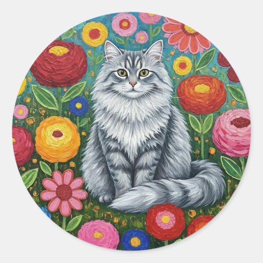 Sticker Rond Fluffy Gray Striped Cat with Folk Art Flowers (Devant)