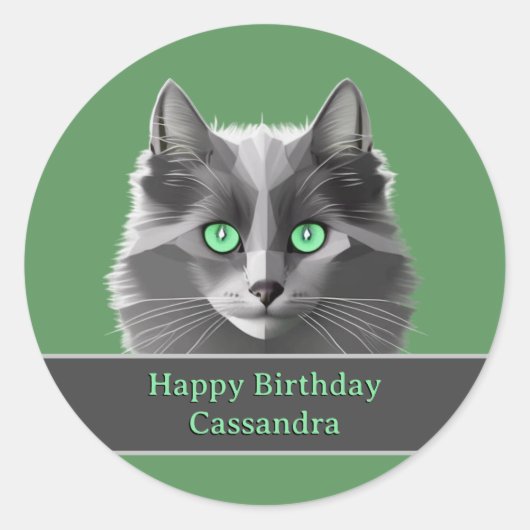 Sticker Rond Fluffy Grey Cat and Birthday or Occasion Message (Devant)
