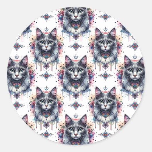 Sticker Rond Fluffy Long cheveux gris et blanc Tuxedo Chat (Devant)