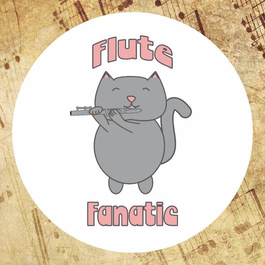Sticker Rond Flute Fanatic Pink Gray Cat
