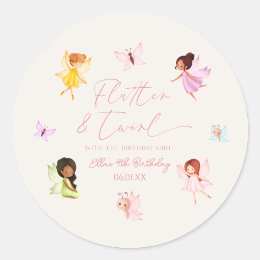 Sticker Rond Flutter et Twirl Enchanted Fairy Anniversaire fête (Devant)