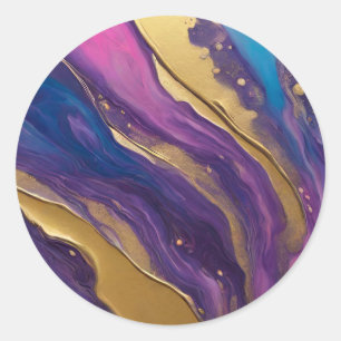 Sticker Rond Flux Abstrait bleu-bleu violet rose et or-