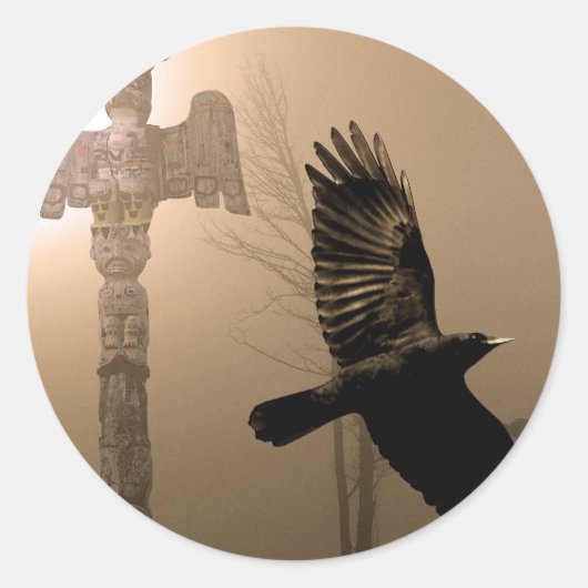 Sticker Rond Flying Crow Spirit & Totem Pole Sacred Art (Devant)