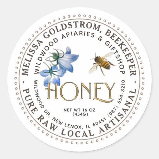 Sticker Rond Flying Honeybee Blue Flower Artisanal Honey (Devant)