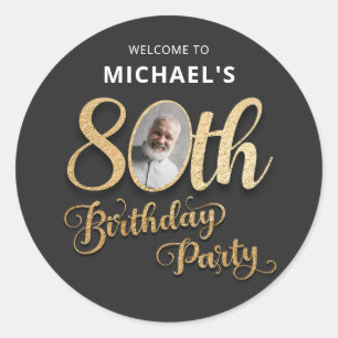 Sticker Rond Foil Doré Noir Photo Personnalisé 80e Anniversaire