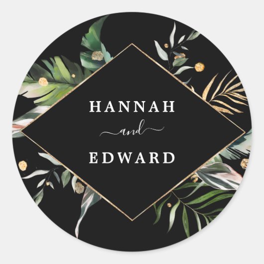 Sticker Rond Foliage tropical sauvage Mariage noir (Devant)