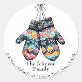 Sticker Rond Folk Winter Mittens Noël Adresse de retour (Devant)