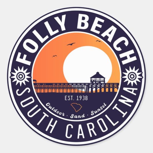Sticker Rond Folly Beach SC Souvenirs Retro Sunset Pier 60s (Devant)