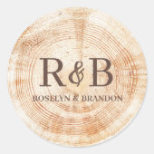 Sticker Rond Fond de disque en bois Monogramme de mariage rusti (Devant)