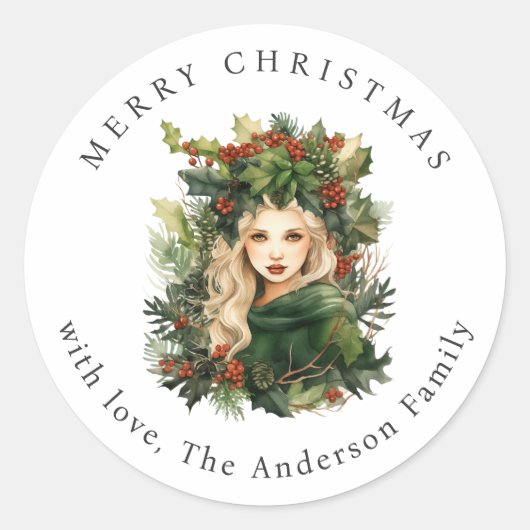 Sticker Rond Forest Goddess Holly Red Berries Christmas Holiday (Devant)