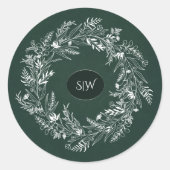 Sticker Rond Forest Green Leafy  Wreath Monogram Nature (Devant)