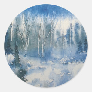 Sticker Rond Forêt avec arbres en bleu et blanc