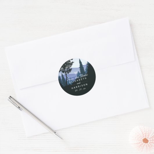 Sticker Rond Forêt de bois bleu, Mariage rustique (Enveloppe)
