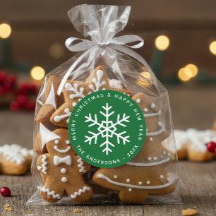 Sticker Rond Forêt de Noël Vert Blanc Flocon de Neige Fêtes 