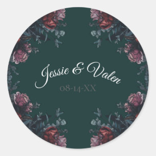 Sticker Rond Forêt foncée Vert Élégant Mariage Maroon Mauve