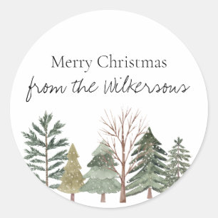Sticker Rond Forêt hivernale à l'aquarelle Arbres simples