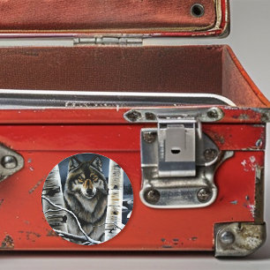 Sticker Rond Forêt mystique de bouleaux en hiver avec loup alph