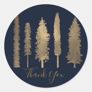 Sticker Rond Forêt sombre bleu et or Arbres boisés rustiques Fa