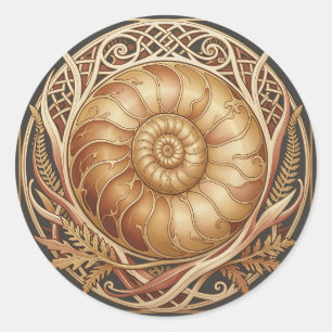 Sticker Rond Fossile d'ammonite dorée Cadre celtique Motif orné