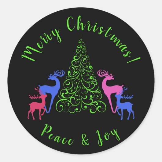 Sticker Rond Four Deer & a Merry Christmas Tree Peace & Joy (Devant)