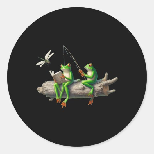 Sticker Rond Four Legs Frog On A Log Frog Fishing Dragonfly Rea (Devant)