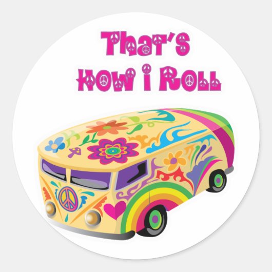 Sticker Rond fourgon hippie rétro comment je roule (Devant)