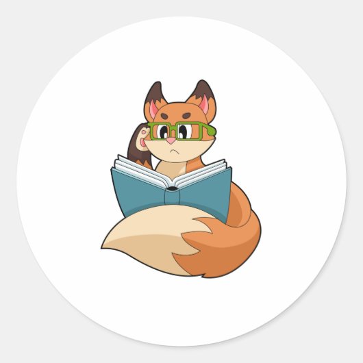 Sticker Rond Fox as nerd with Book & Glasses (Devant)