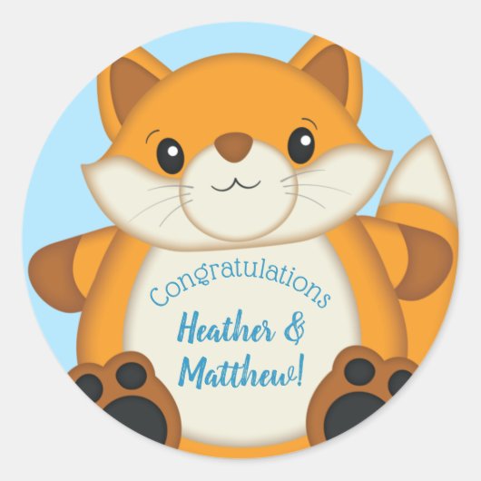 Sticker Rond Fox Baby shower bleu (Devant)