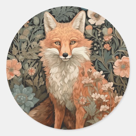 Sticker Rond Fox dans le jardin d'automne William Morris Style (Devant)