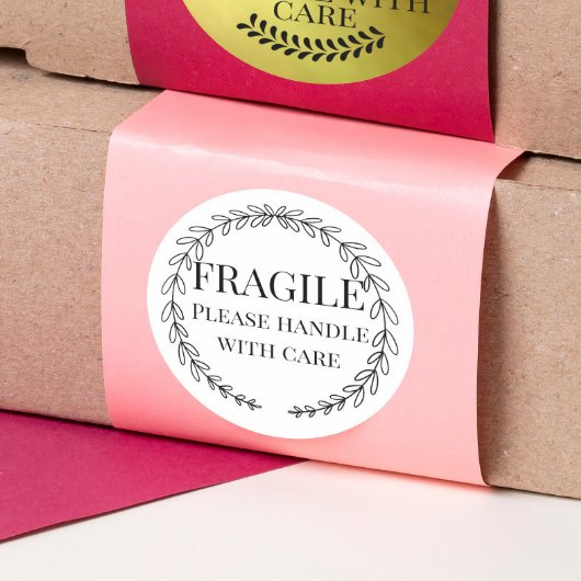 Sticker Rond Fragile s'il vous plaît poignée avec soin jaune ro