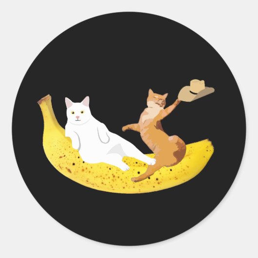 Sticker Rond Fraisage de chat sur banane tenant casquette (Devant)