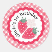 Sticker Rond Fraise 1er anniversaire Aquarelle rouge plaid Favo (Devant)
