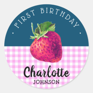 Sticker Rond Fraise Anniversaire fille rose À damiers bleu vert