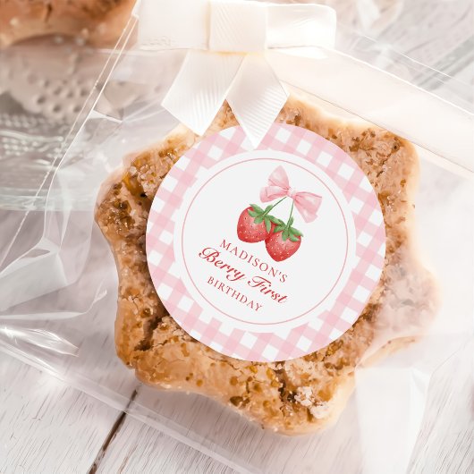 Sticker Rond Fraise Pink Bow Girl 1er anniversaire