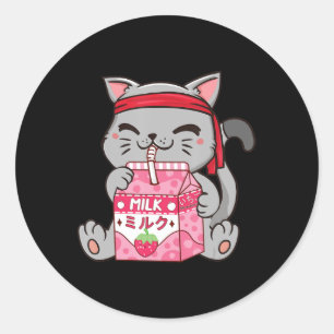 Sticker Rond Fraise Shake fraise Lait Chat Kawaii Neko A