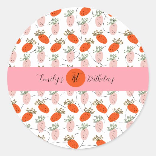 Sticker Rond Fraises blanc rose Doodle fête d'anniversaire (Devant)