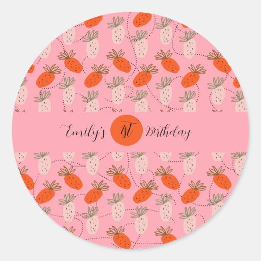 Sticker Rond Fraises Rose Blanc Doodle Anniversaire (Devant)