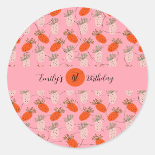 Sticker Rond Fraises Rose Blanc Doodle Anniversaire   