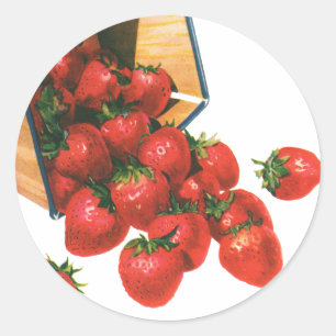 Sticker Rond Fraises vintages en Panier, Fruits alimentaires