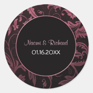 Sticker Rond Framboise rose et noir Mariage damassé Seal