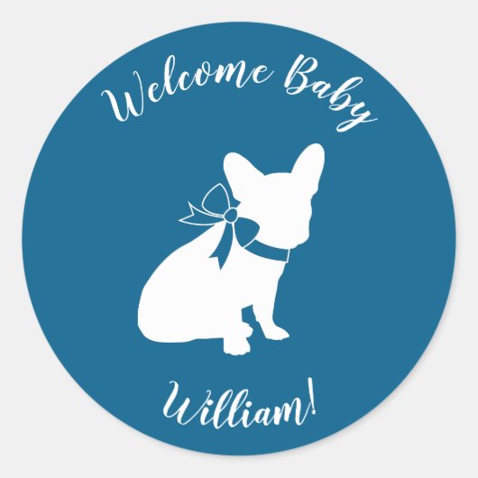 Sticker Rond Français Baby shower Bulldog Français Frenchie Blu (Devant)