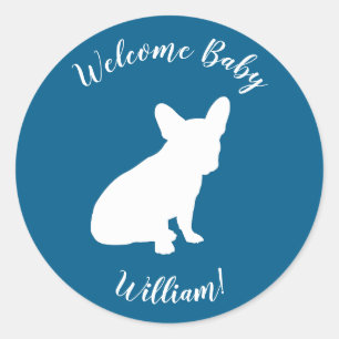 Sticker Rond Français Baby shower Bulldog Français Frenchie Blu