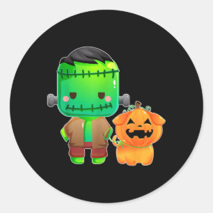 Sticker Rond Frankenstein Et Chien Citrouille Halloween