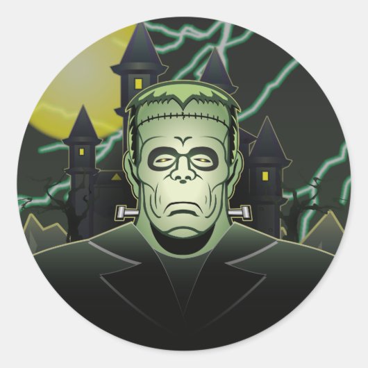 Sticker Rond Frankenstein Monster Halloween Castle Lightning (Devant)