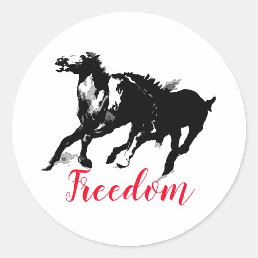Sticker Rond Freedom Black White Pop Art Runses Horses (Devant)