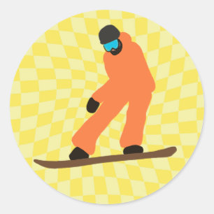 Sticker Rond Freeride Snowboardeur En Costume Orange À damiers
