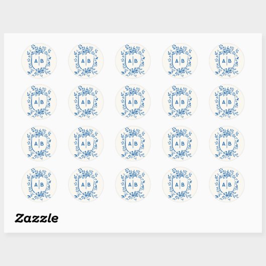 Sticker Rond French Blue Botanical Crest Wedding Monogram (Feuille)