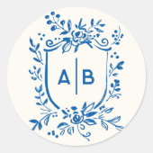 Sticker Rond French Blue Botanical Crest Wedding Monogram (Devant)