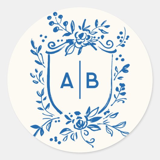 Sticker Rond French Blue Botanical Crest Wedding Monogram (Devant)