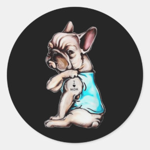 Sticker Rond French Bulldog Chien Tattoo I Love Mom Mothers Day
